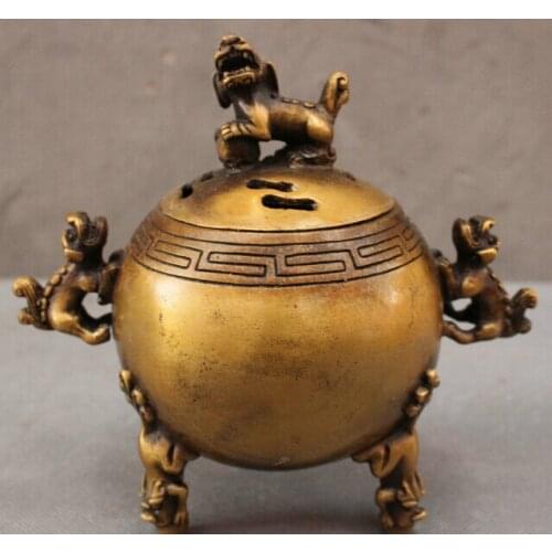 Bi002250 Folk Chinese Bronze Foo Fu Dog Lion Statue Sphere Box Incense Burner Censer