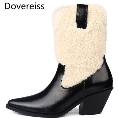 Dovereiss Fashion Womens Shoes Winter new Elegant Zipper Pointed toe brown Chunky heels Ankle boots Concise Mature 32-44