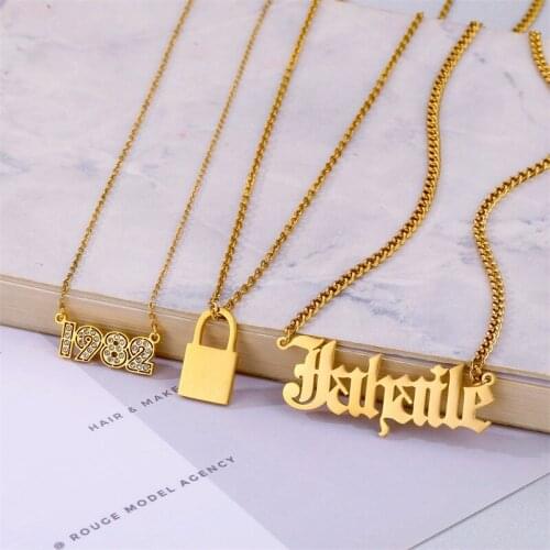 Custom Personalized Cuban Chain Stainless Steel Multilayer Name Necklaces for Wemen Customized Zircon Year Lock Necklace Jewelry