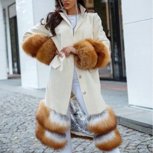 FURSARCAR 2021 Fashion Women Winter Natural Fox Fur Long Cashmere Jacket Luxurious Woolen Real Fur Coat Cuff For Feam