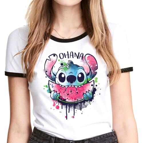 Kawaii Disney Lilo Stitch T Shirt Women Summer Tops Cartoon Stitch Ohana Graphic Tees Disney Anime Unisex T-shirt Female