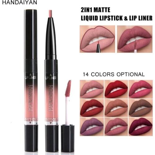 HANDAIYAN 2in1 Matte Lip Gloss Lip Stick Liner Pencil Nude Lip Kit Liquid Lipstick Waterproof Lipliner Pen Makeup