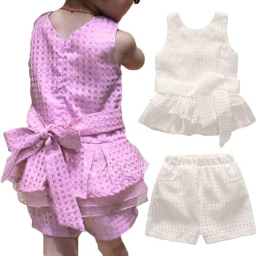 Girls suit summer new childrens vest plaid online clothing + shorts two-piece breathable noble lattice vest + shorts suit