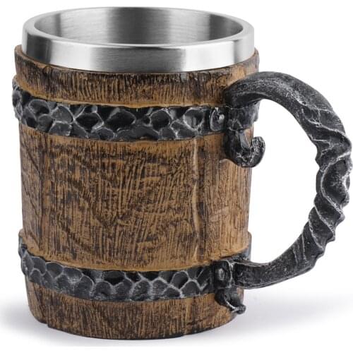 450ml Wood Style Beer Mug Stainless Steel Imitation Iron Handle Mug Christmas Gift Office Resin Crafts Insulated Big Water Cup