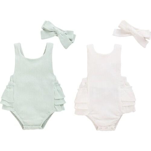 2020 Baby Summer Clothing Newborn Baby Kids Girls Sleeveless Bodysuit Striped Jumpsuit Outfits Backless Clothes Headband Set