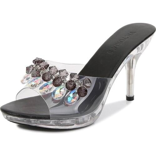 Mclubgirl Womens Shoes 34-43 Style Slippers High Heels Women Summer Simple Crystal Slanted Transparent LFD-3107-4
