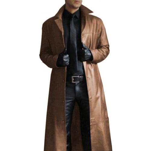 Mens Leather Trench Coat Vintage British Style Windbreaker Handsome Solid Color Slim-fit Overcoat Long Jacket Plus Size S-5XL