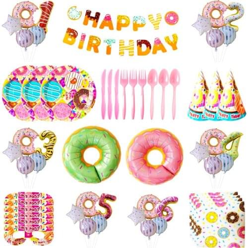 Donuts Disposable Tableware Set Paper Plates Napkins Hats Happy Birthday Party Decorations Baby Shower Kids Girls Party Supplies