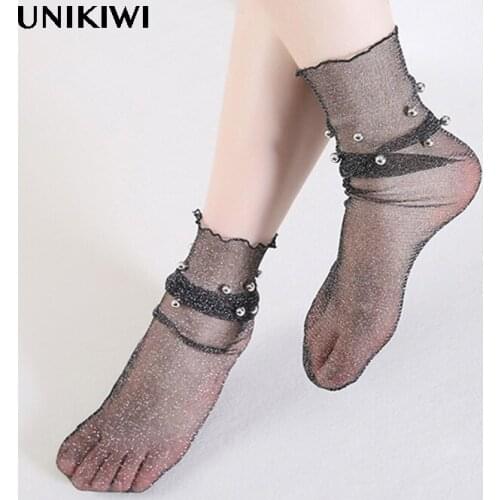 6 Colors.Chic Streetwear Womens Harajuku Breathable Bead Transparent Mesh Socks.Sexy Net Yarn Fishnet Socks Ladies Hosiery Sox