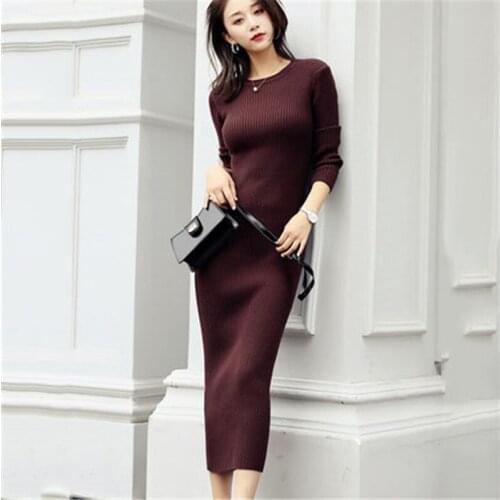 2020 Autumn Winter Sweater Dress ladies mid-length over the knee thick slim Knitted Dress Women base Knitted Dress B586
