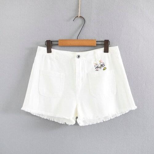 Women Fashion Pockets Cats Embroidery White Black Denim Shorts Vintage High Waist Zipper Fly Tassels Female Short Jeans Mujer