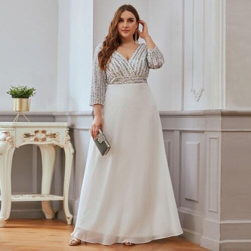 Pius Size Dark Green Evening Dresses Ever Pretty Double V-neck 3/4 Sleeve Sequined Tulle Elegant Party Gowns Robe De Soiree 2020