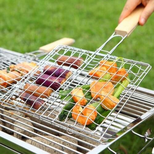 Stainless Steel Outdoor Barbecue Rack Wooden Handle Square Barbecue Net BBQ Fish Clip Bread Clip BBQ Meat Clip Barbecue Tool