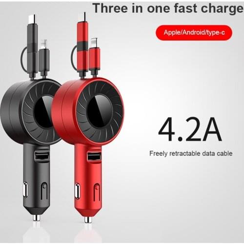 Retractable 4.2A Car Charger USB Type-C Cable Fast Charging For Apple Android Mobile Phone Quick Charge For Huawei Xiaomi Cable