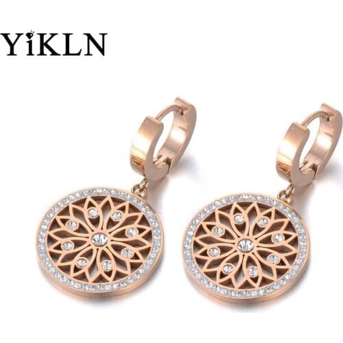 YiKLN New Original Design Stainless Steel Flower Rattan Disc Earrings Jewelry Trendy CZ Crystal Hoop Earrings For Women YE19269