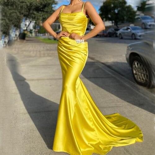 YiMinpwp Yellow Mermaid Prom Dresses 2021 Spaghetti Backless Sweep Train Pleats Long Formal Women Evening Gowns vestidos