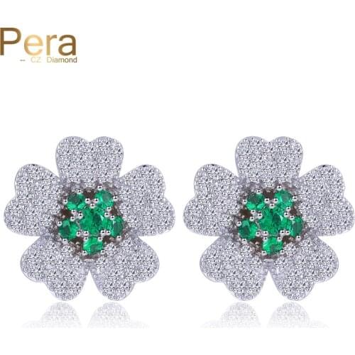Pera Trendy Korean Style Ladies Costume Jewelry Big Cute Flower Cubic Zirconia Stud Earrings With Green Stone Paved E202