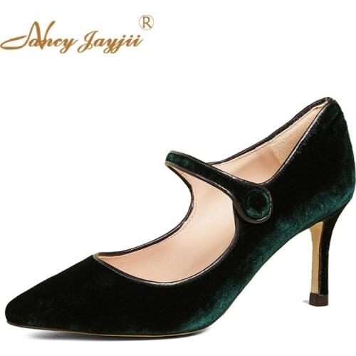 Green Mary Janes Stilettos Button Pointed Toe High Thin Heels Pumps Woman Big Size 11 12 Ladies Shoes Spring 2019 Party Casual
