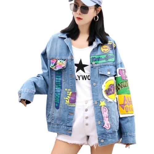Korean style denim jacket female 2021 spring and autumn new letter printing loose casual hip-hop streetwear women jaket coat