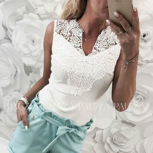2019 Summer Lace Sleeveless Blouse Shirts Women Slim Casual Vest Tops V Neck Shirt White Female blouse et chemisier femme