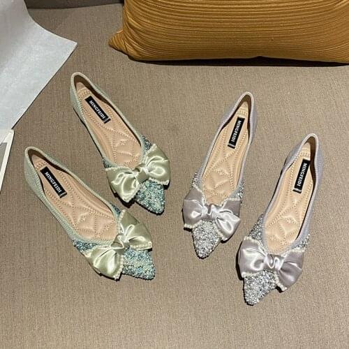 Spring Autumn Flats Shoes Women 2021 New Pointed Toe Bling Bow Shallow Soft Large Size Flat Shoes Women 4142 43 Mujer Pisos
