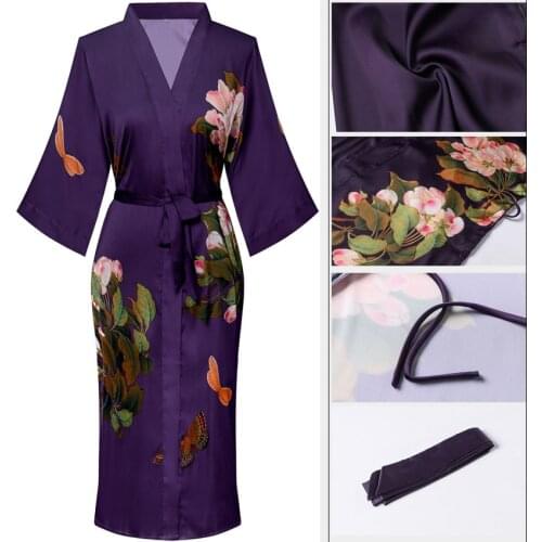 Womens Long Silk Kimono Robes Satin Floral V-Neck Sleepwear Spring Summer Short Sleeve Nightgown Loose Loungewear for Ladies