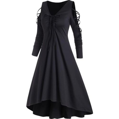 Wipalo Casual Women Dress Autumn Cold Shoulder Criss Cross Cinched High Low Dress Long Sleeve Solid Gothic Black Chic Dresses