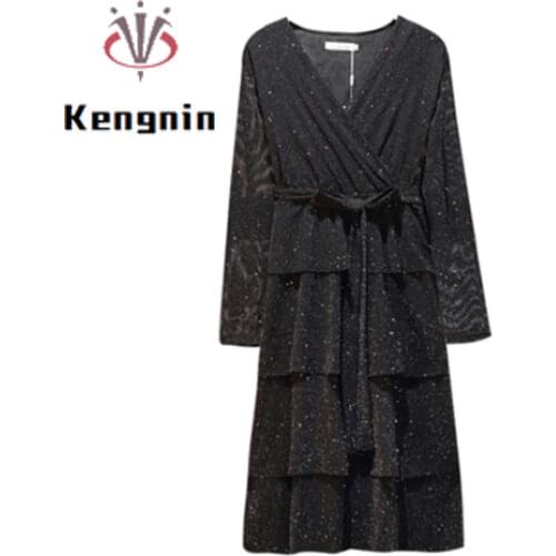 2021 Spring Oversized Women Dresses European Style Lace Ladies Robe Bow Sexy V-Neck Vestidos Cake Ruffles Brand Dress KE190