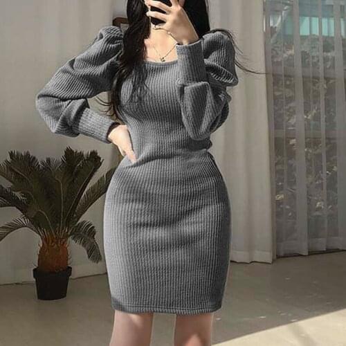 Vintage Elegant Bubble Sleeve Solid Color Knitted Dress Women Square Collar Slim Fit Package Hip Dresses Vestido Feminino