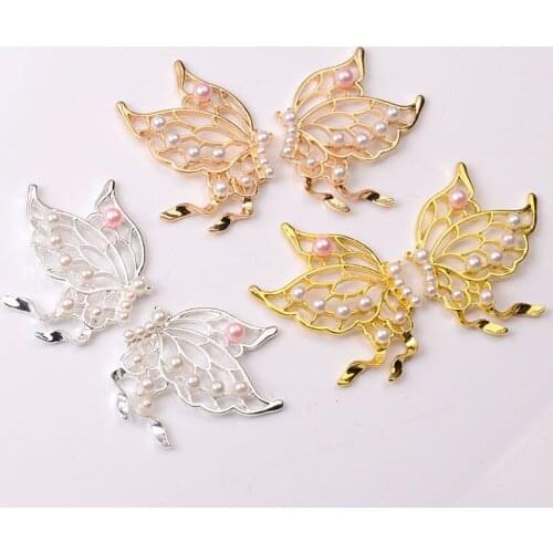 10pcs 40x38mm Metal KC Gold Silver Plated Butterfly Imitation Pearl Butterfly Alloy Accessories For Jewelry Making