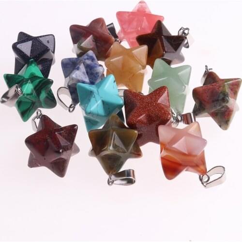 12pcs Merkaba Chakra Pendants Natural Stone Necklaces Reiki Healing Hollow Star Point Meditation Pendulum Women Necklace Pendulo