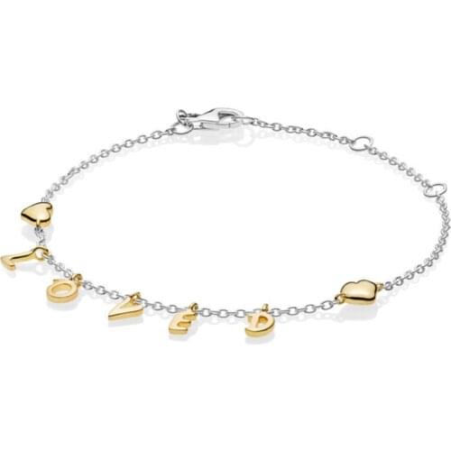 2019 NEW Luxury 100% 925 Sterling Silver Loved Script Bracelet Shine Gold Charm Chain Original for Women Authentic Jewelry Gift