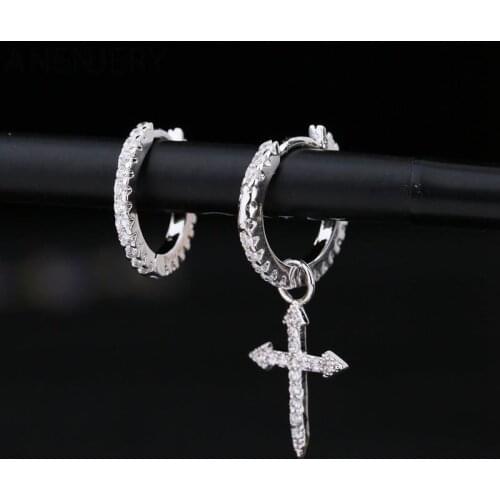 Fashion Silver Color Cross Pendant Asymmetric Earrings For Women Sparkling Cubic Zircon Hoop Earrings Wholesale S-E1093