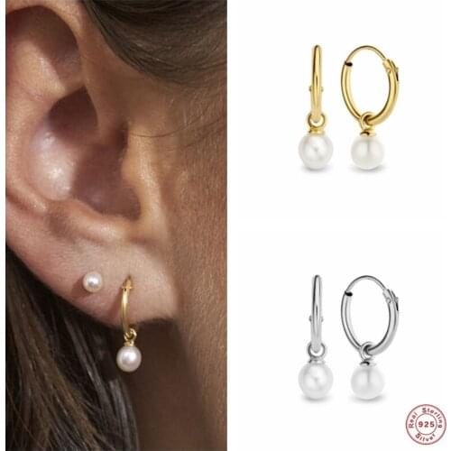 BOAKO 925 Sterling Silver Gold Circle Imitation Pearl Bead Pendant Drop Earrings Women Hoop Circle Piercing Dangle Earring Party