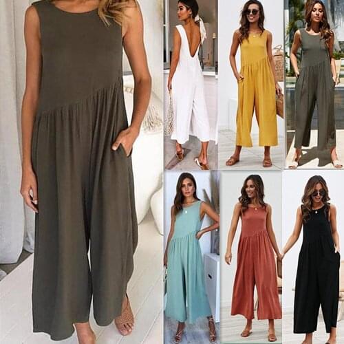 Red Black Wide Leg Solid Jumpsuit Sexy Sleeveless Backless Women Jumpsuits Casual Loose Pocket Basic Ladies Romper Jumpsuit 2020