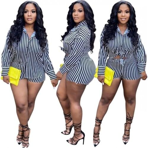 Summer Suit For Women African Clothing Shirts+ Casual Shorts Two-Piece Striped Long-Sleeved Womens Clothing 2021 New Pants Sets