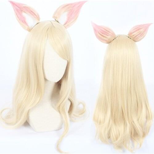 LOL KDA Ahri Blonde 80cm Mixed long straight Color with Cat Ear Synthetic Hair Cosplay Props Halloween Party + Free Wig Cap