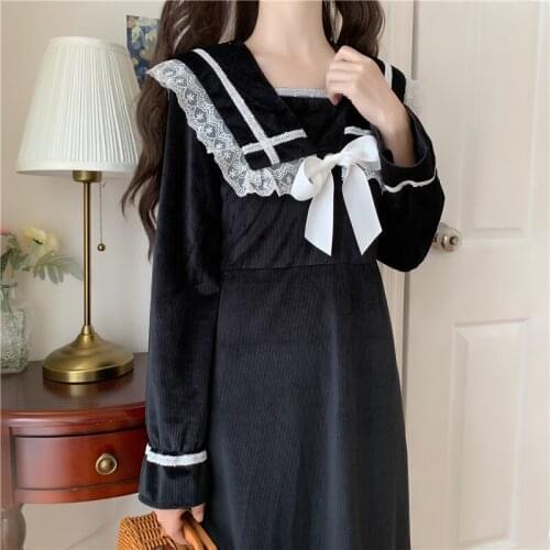 Apanese Cute Students Dress Navy Collar With Bowknot Black Corduroy Long Sleeve Dress Mid-Calf Bow Kawaii Clothes for Women