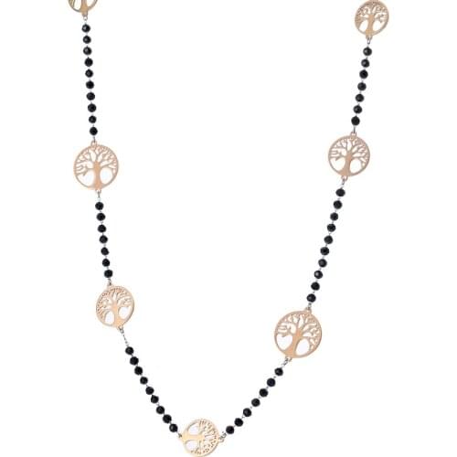 Fashion Jewelry Simple Black Crystal Statement Necklace Women Rose Gold Long Sweater Stainless Steel Tree Of Life Pendant Chain