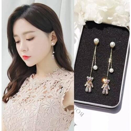 New Fashion Bear Dangle Earrings For Women Girl Cartoon Animal Bear Tassels Pearl Earrings Creative Drop Earring Jewelry Gifts