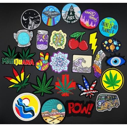 New Cartoon Leaves Patch woven label Iron On Patches For Clothing Rainbow Stripes On Clothes DIY Garment Embroidery Fabric