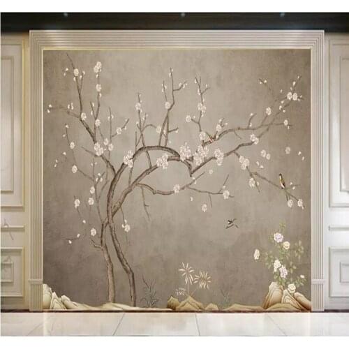 Custom wallpaper gray new Chinese hand-painted flowers and birds plum wall decoration painting waterproof material