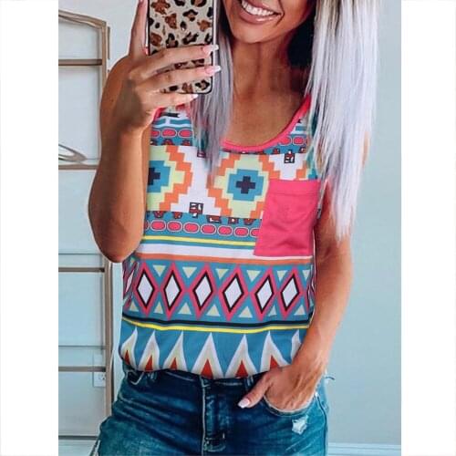 Vinatge 2021 Ladies Sleeveless T-shirt Geometric Print Tops Latest Patchwork Women Clothing Summer Casual Tees shirt Femme