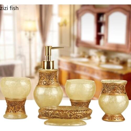 Vintage Bathroom Accessories Set Portable Soap Dispenser Toothbrush Cup Toothpaste Holder Soap Dish 5pcs/set Resin Wash Tools