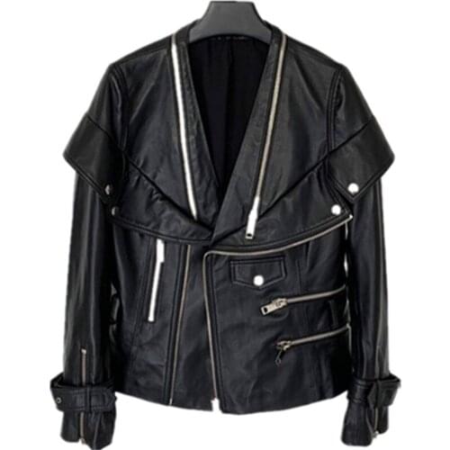 Net red spring 2020 new leather locomotive leather jacket female sheep leather personality V-neck shows thin leather coat trend