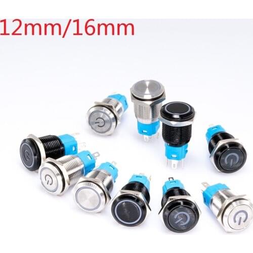 12/16mm Waterproof Metal Push Button Switch LED Light Momentary Latching Car Engine Power Switch 5V 12V 24V 220V Red Blue