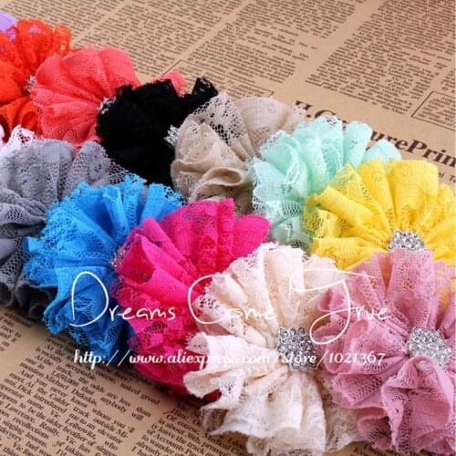 50pcs/lot 7CM 15 Colors NEW HOT Artificial Soft Frayed Fluffy Fabric Lace Flower Accessories+Shiny Alloy Rhinestone Buttons