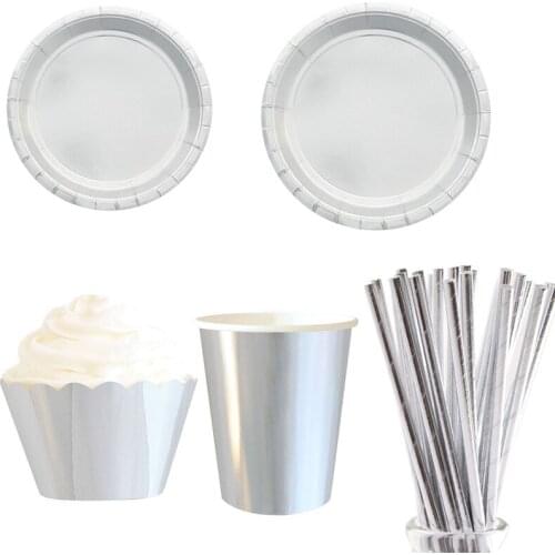 57pcs/lot Silver pa Disposable Tableware Sets Party Cup Plates Straw Kids Baby Shower Wedding Decoration Birthday Party Supplies