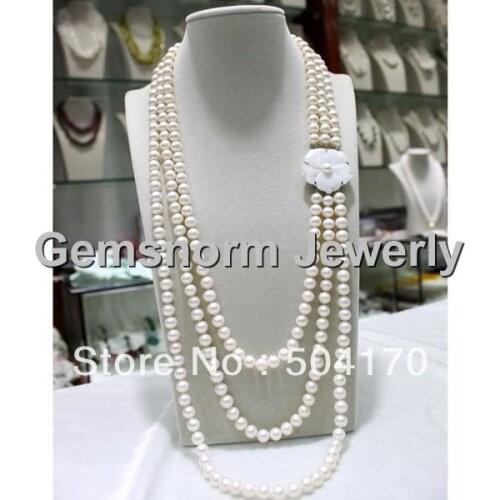 Free Shipping Charms 3 Strands White Pearl Necklace Handmade Knotted Long Rows Necklace FP034