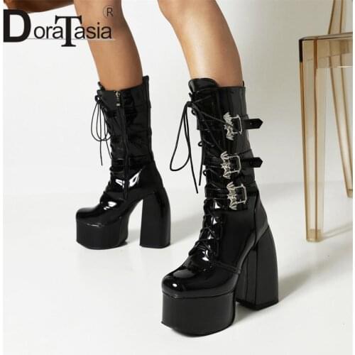 Brand New Ladies Elegant Thick High Heels Boots Fashion Bat Buckle Lace-up Platform Boots Women Party Sexy Street Shoes Woman